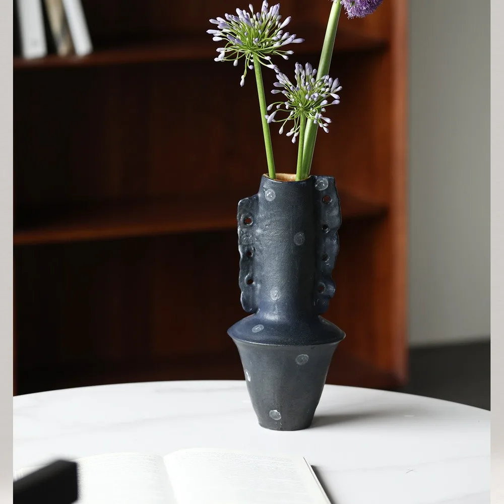 Artist-Made Hand-Pinched Black Stone Sculptural Vase in black — front view