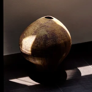 Artist-Made Hand-Pinched Oval Stoneware Vase in Bronze Glaze — front view