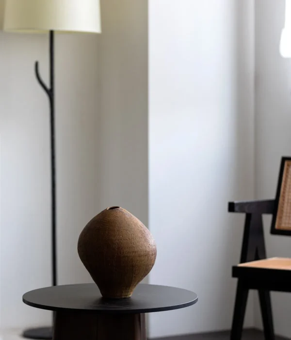 Artist-Made Hand-Pinched Oval Stoneware Vase in Bronze Glaze — in a room setting