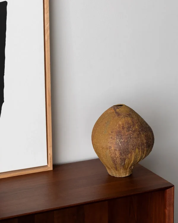 Artist-Made Hand-Pinched Oval Stoneware Vase in Bronze Glaze — in a room setting
