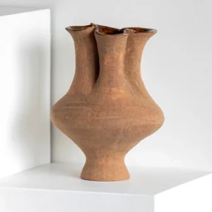 Artist-Made Hand-Pinched Three-Neck Terracotta Vase in rust — front view