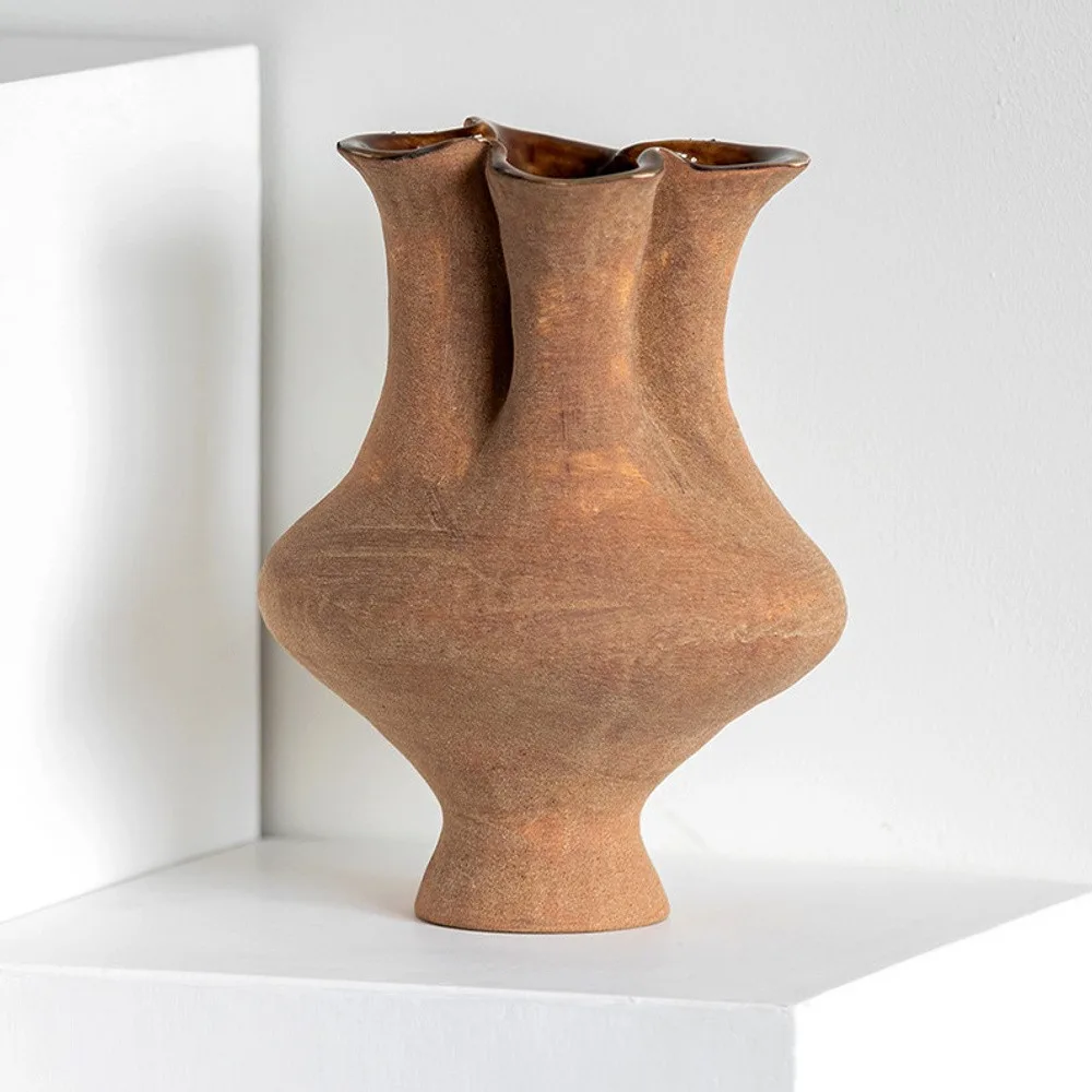 Artist-Made Hand-Pinched Three-Neck Terracotta Vase in rust — front view