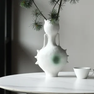 Artist-Made Hand-Pinched Spiked Twin-Ear Vase in ivory — front view