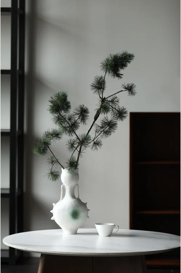 Artist-Made Hand-Pinched Spiked Twin-Ear Vase in ivory — in a room setting