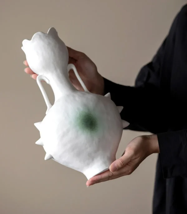 Artist-Made Hand-Pinched Spiked Twin-Ear Vase in ivory — in a room setting