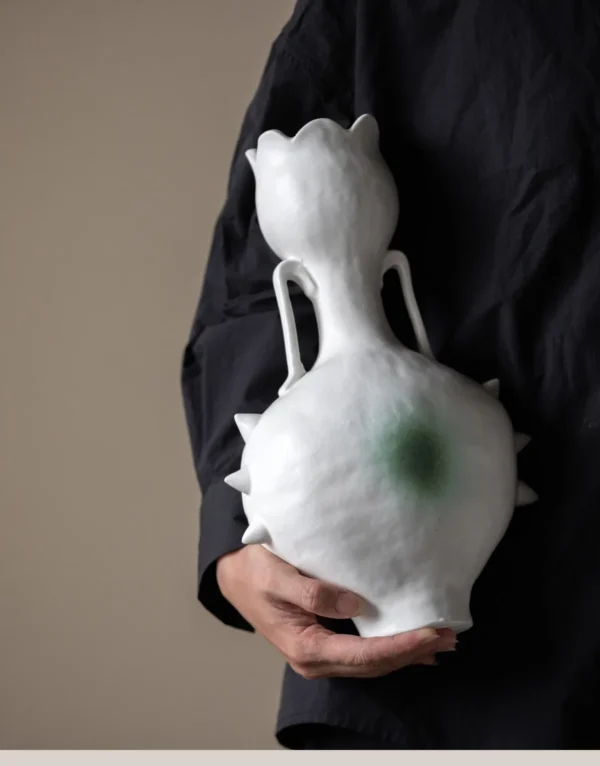 Artist-Made Hand-Pinched Spiked Twin-Ear Vase in ivory — in a room setting
