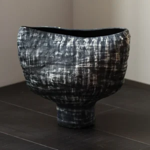 Artist-Made Ink-Brushed Footed Stoneware Vessel in black — front view