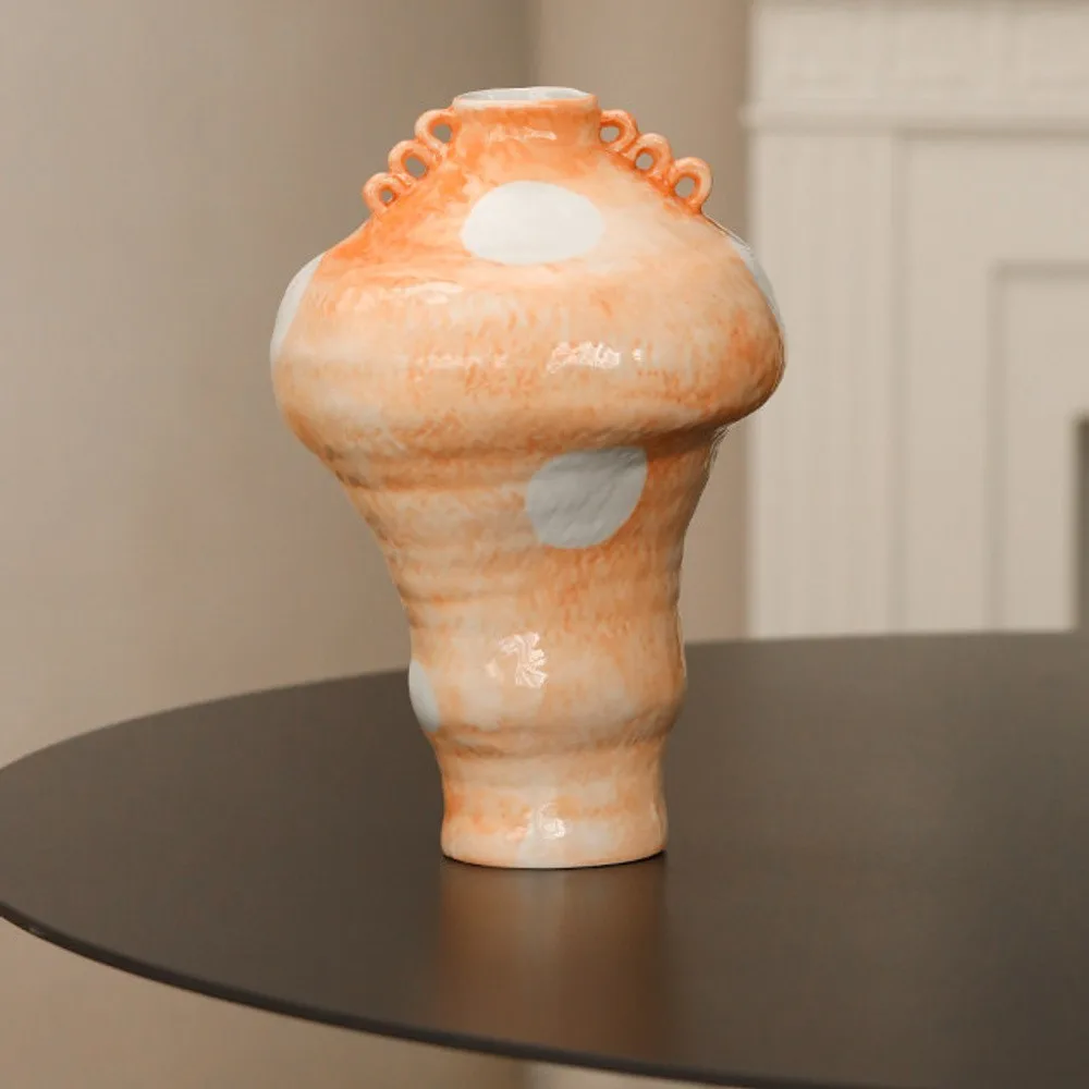 Artist-Made Orange Dotted Tiered Vase with Loop Ears, Large in rust — front view
