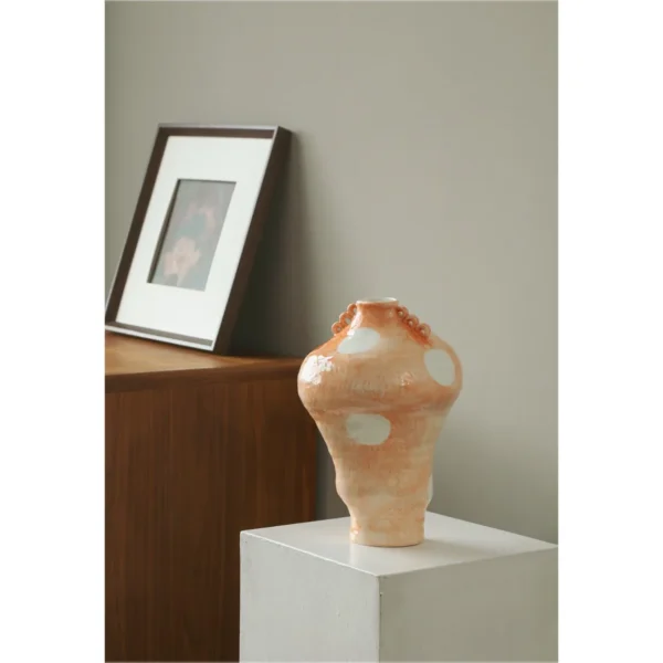 Artist-Made Orange Dotted Tiered Vase with Loop Ears, Large in rust — in a room setting