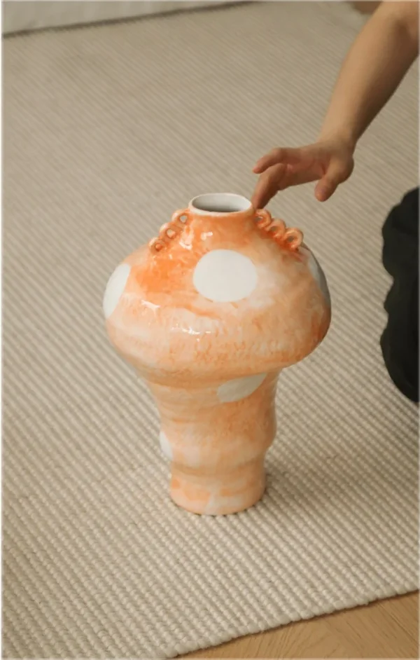 Artist-Made Orange Dotted Tiered Vase with Loop Ears, Large in rust — in a room setting