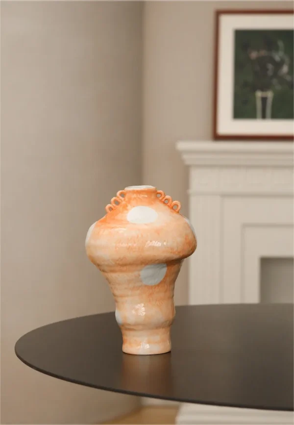 Artist-Made Orange Dotted Tiered Vase with Loop Ears, Large in rust — in a room setting