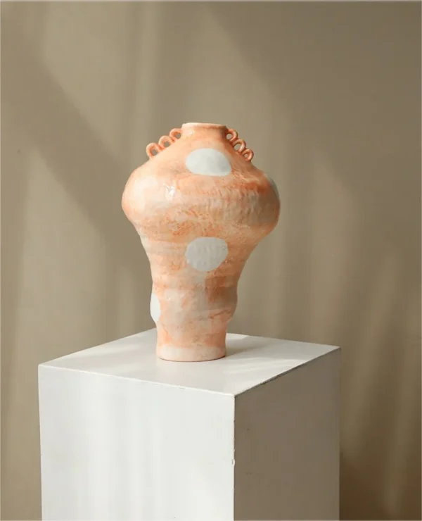 Artist-Made Orange Dotted Tiered Vase with Loop Ears, Large in rust — in a room setting