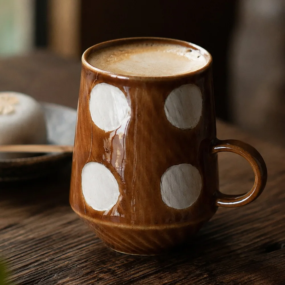 Artist-Made Amber Glaze Coffee Mug with White Dots in clay — front view