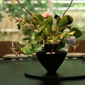 Artist-Made Black Lacquer Conical Twin-Ear Vase, Large in black — front view