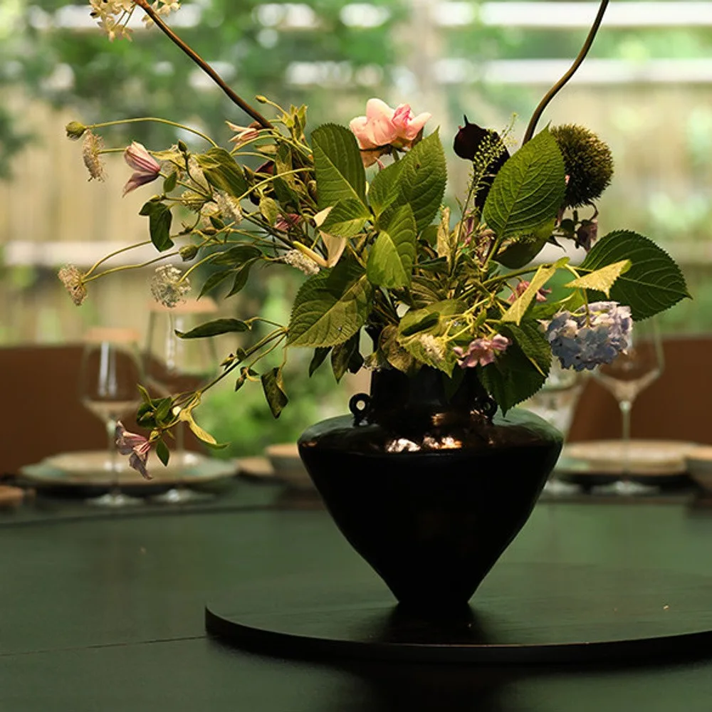 Artist-Made Black Lacquer Conical Twin-Ear Vase, Large in black — front view