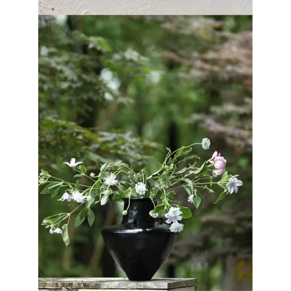 Artist-Made Black Lacquer Conical Twin-Ear Vase, Large in black — in a room setting