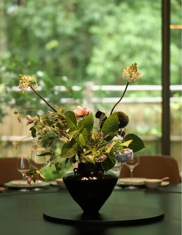 Artist-Made Black Lacquer Conical Twin-Ear Vase, Large in black — in a room setting