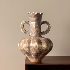 Artist-Made Twin-Handle Ribbed Vase in Earth Brown Glaze — front view