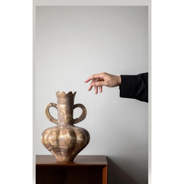 Artist-Made Twin-Handle Ribbed Vase in Earth Brown Glaze — in a room setting