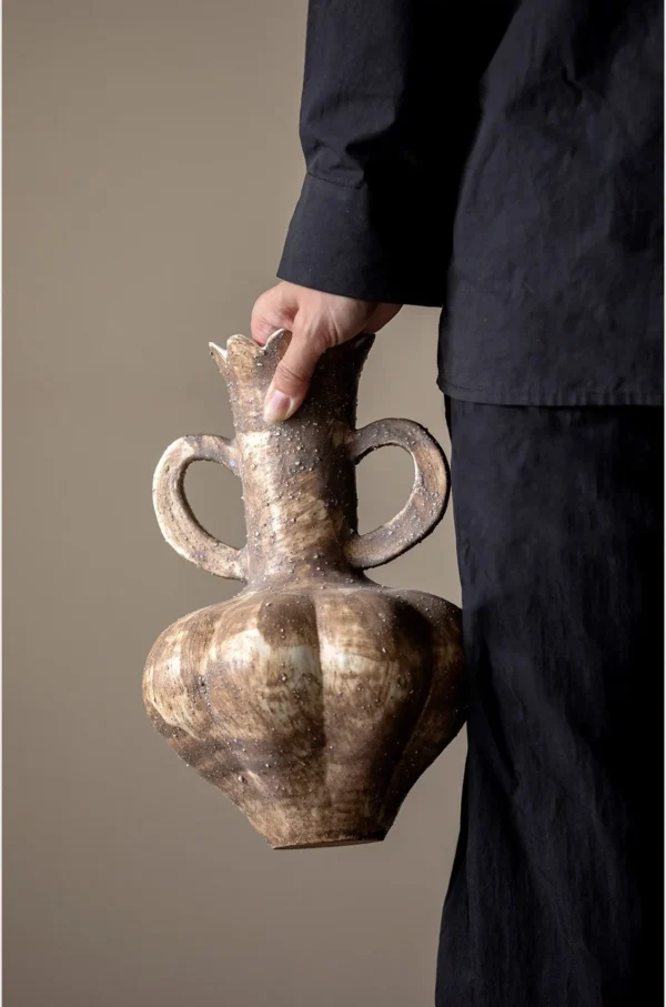 Artist-Made Twin-Handle Ribbed Vase in Earth Brown Glaze — in a room setting