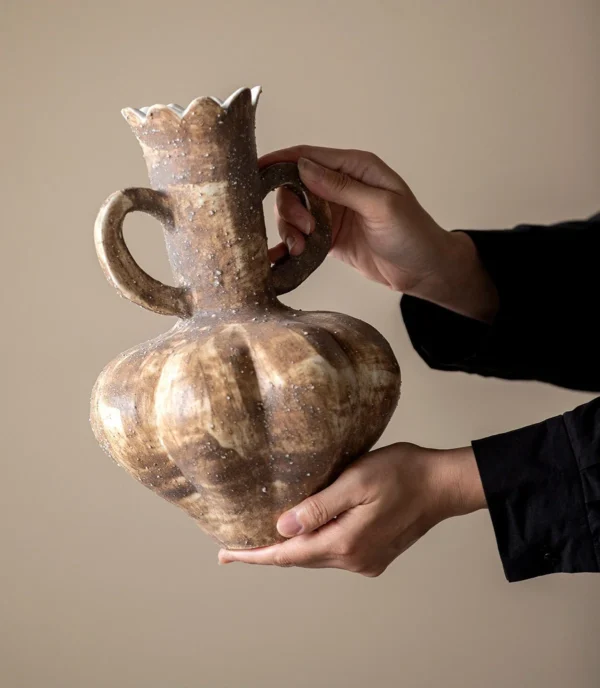 Artist-Made Twin-Handle Ribbed Vase in Earth Brown Glaze — in a room setting