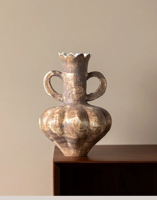 Artist-Made Twin-Handle Ribbed Vase in Earth Brown Glaze — in a room setting