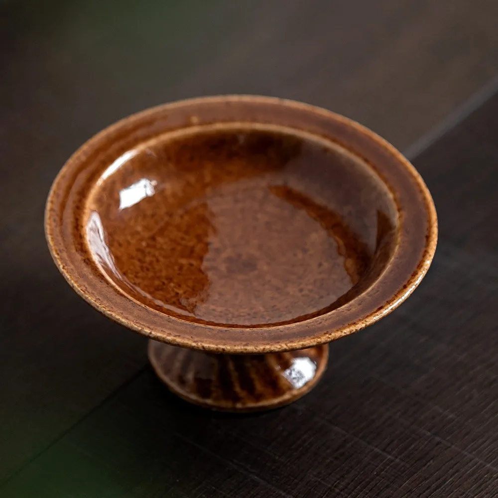 Artist-Made Footed Ceramic Dish in Glossy Brown Glaze — front view