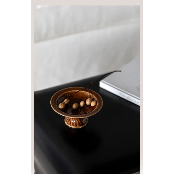 Artist-Made Footed Ceramic Dish in Glossy Brown Glaze — in a room setting