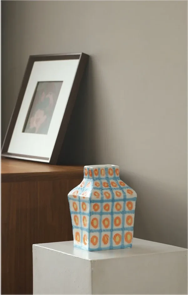 Artist-Made Hand-Painted House Vase in blue — in a room setting