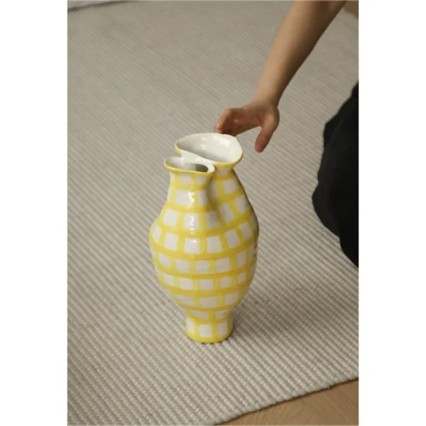 Artist-Made Lemon Yellow Grid Vase in mustard — in a room setting