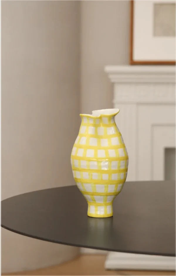 Artist-Made Lemon Yellow Grid Vase in mustard — in a room setting