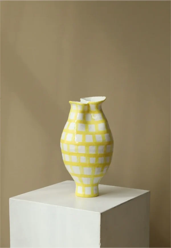 Artist-Made Lemon Yellow Grid Vase in mustard — in a room setting