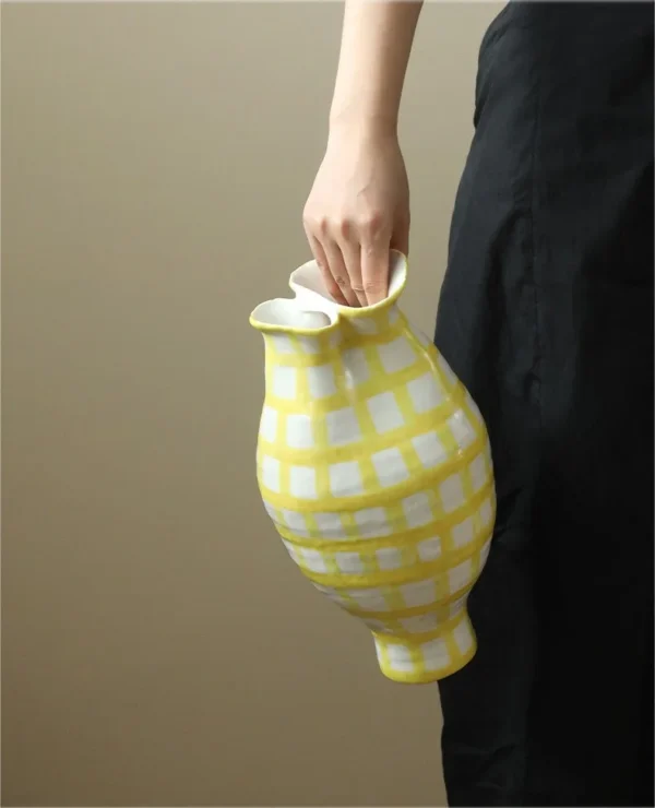 Artist-Made Lemon Yellow Grid Vase in mustard — in a room setting