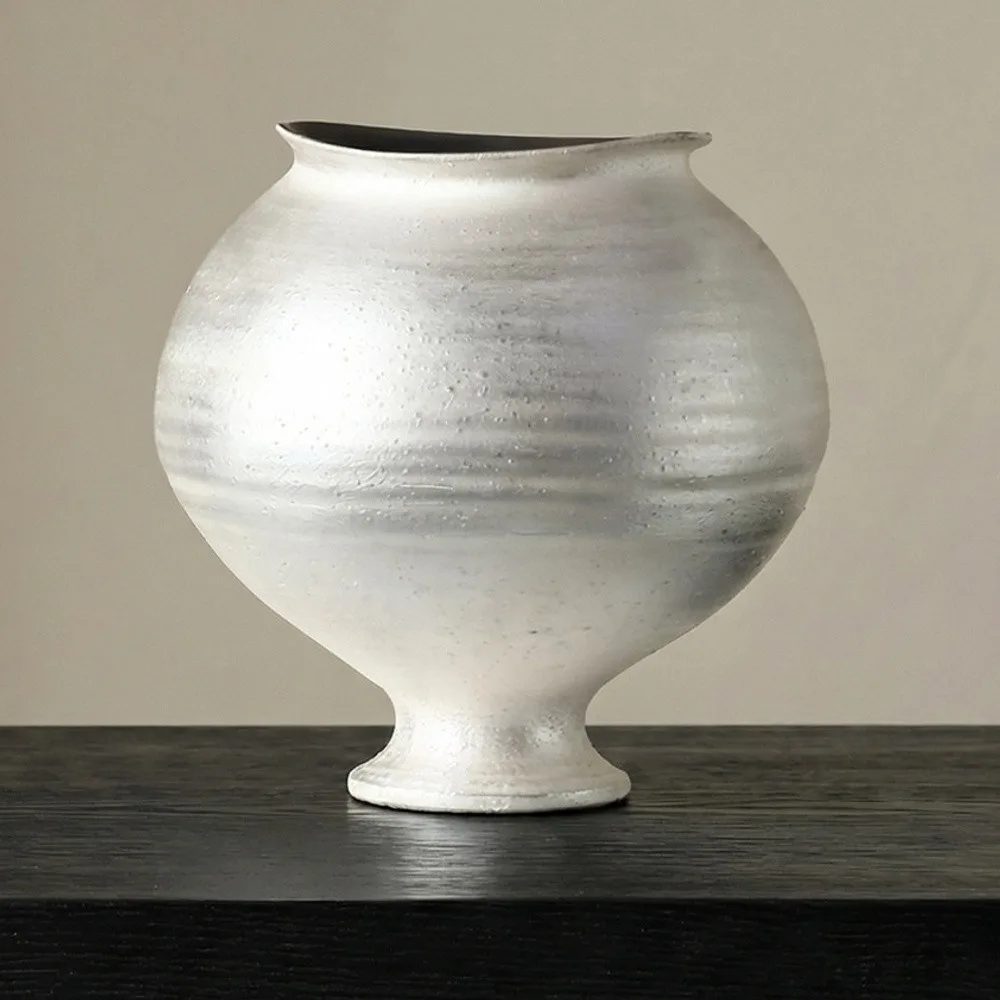 Artist-Made Moon White Footed Vase with Silver Glaze in ivory — front view