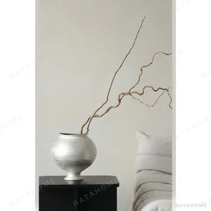 Artist-Made Moon White Footed Vase with Silver Glaze in ivory — in a room setting