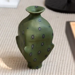 Artist-Made Pine-Needle Green Irregular Vase with Dots in olive — front view