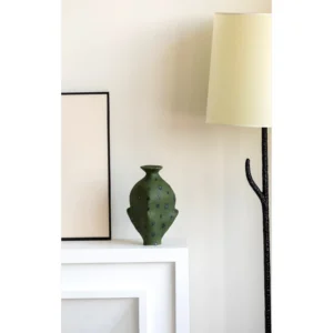 Artist-Made Pine-Needle Green Irregular Vase with Dots in olive — in a room setting