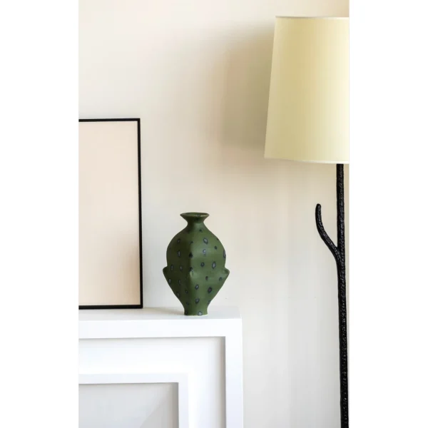 Artist-Made Pine-Needle Green Irregular Vase with Dots in olive — in a room setting