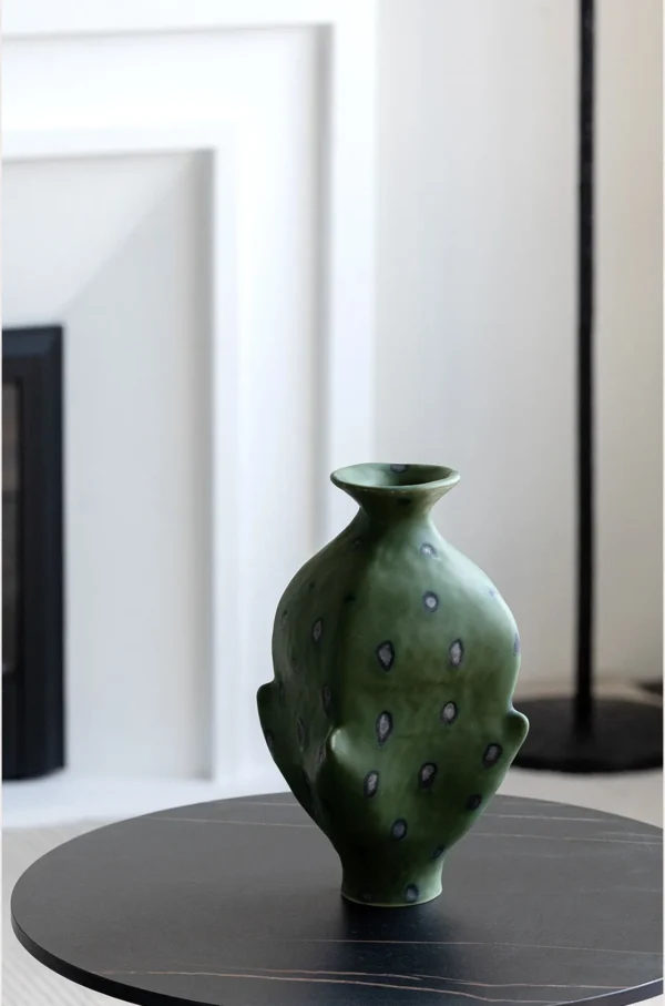 Artist-Made Pine-Needle Green Irregular Vase with Dots in olive — in a room setting
