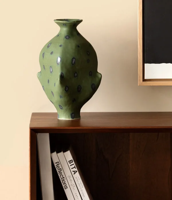 Artist-Made Pine-Needle Green Irregular Vase with Dots in olive — in a room setting