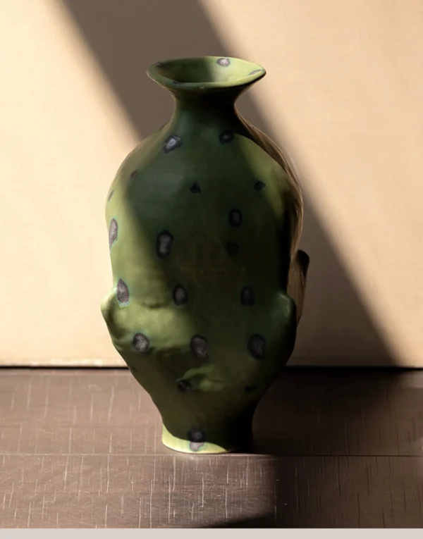 Artist-Made Pine-Needle Green Irregular Vase with Dots in olive — in a room setting