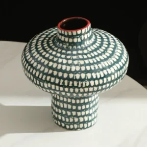 Artist-Made Teal Grid Spinning-Top Vase with Red Rim in olive — front view