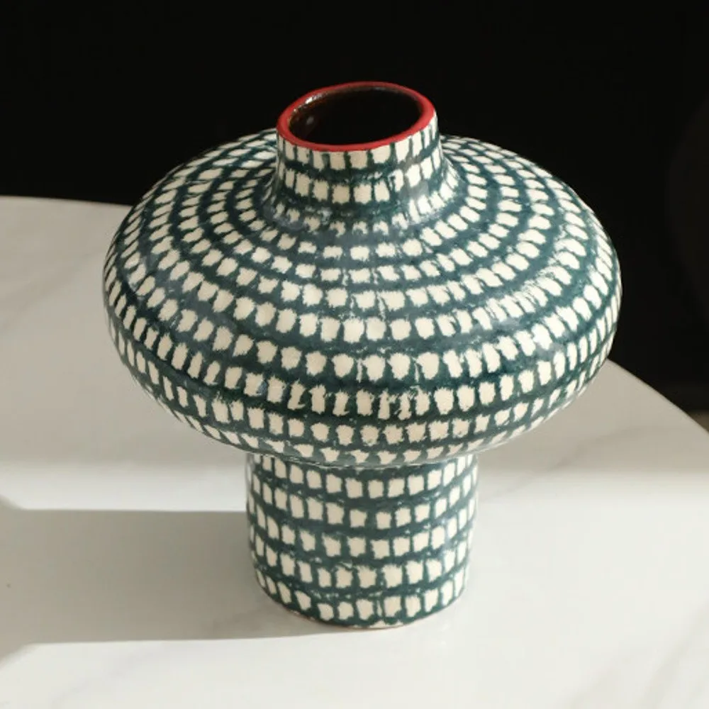 Artist-Made Teal Grid Spinning-Top Vase with Red Rim in olive — front view