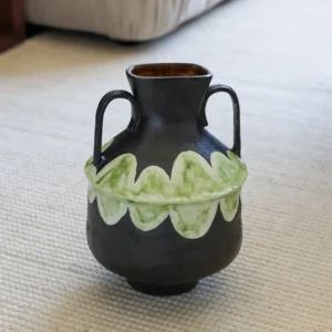Artist-Made Black Twin-Ear Vase with Green Scallop Band in black — front view