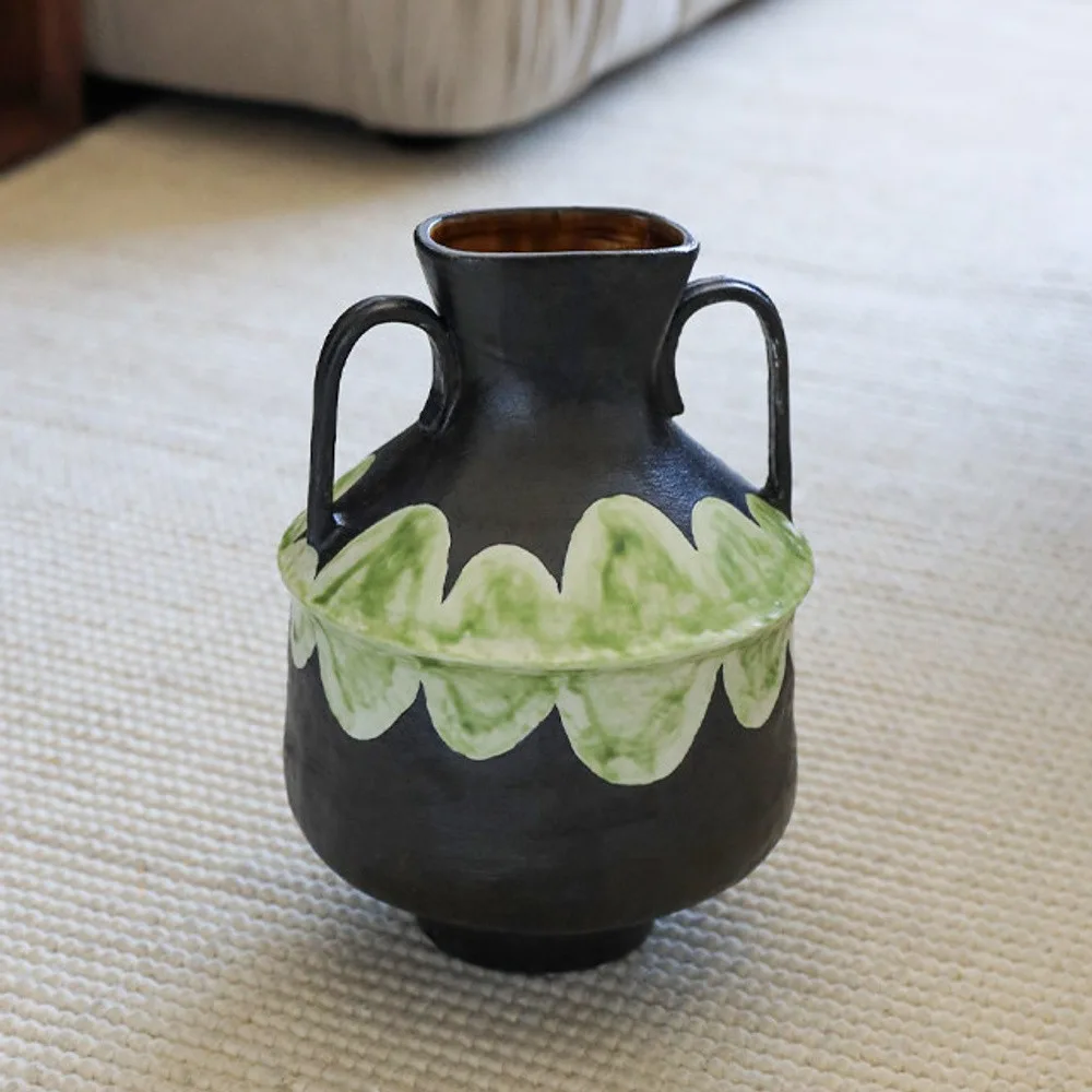 Artist-Made Black Twin-Ear Vase with Green Scallop Band in black — front view