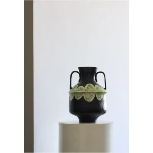 Artist-Made Black Twin-Ear Vase with Green Scallop Band in black — in a room setting