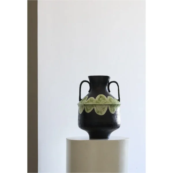 Artist-Made Black Twin-Ear Vase with Green Scallop Band in black — in a room setting