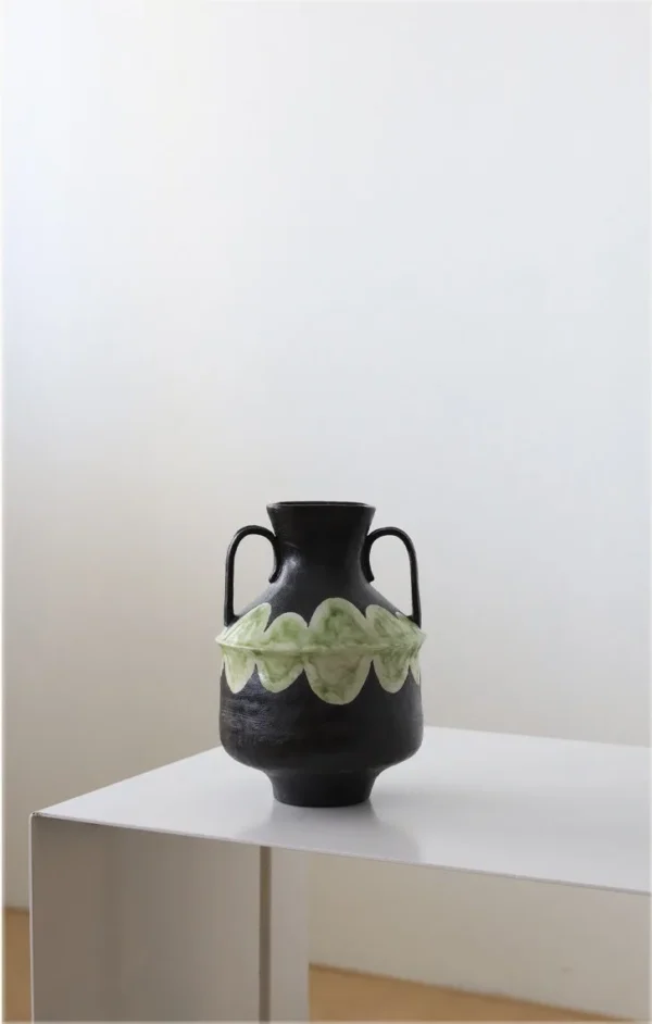 Artist-Made Black Twin-Ear Vase with Green Scallop Band in black — in a room setting
