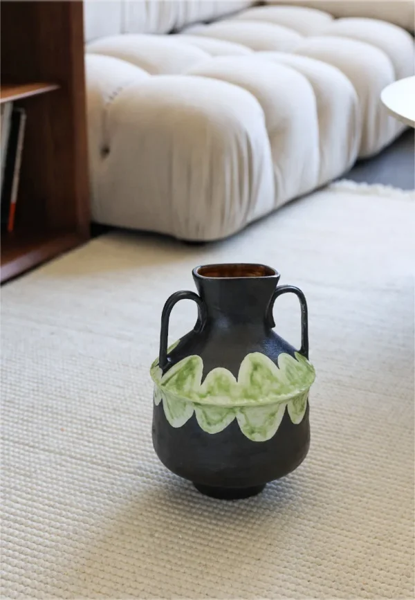 Artist-Made Black Twin-Ear Vase with Green Scallop Band in black — in a room setting