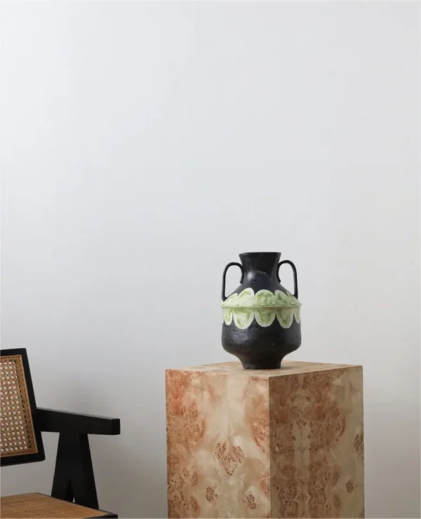 Artist-Made Black Twin-Ear Vase with Green Scallop Band in black — in a room setting